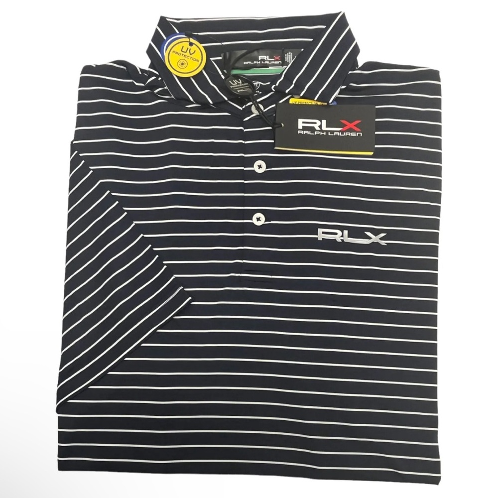RLX Polo Ralph Lauren Navy Blue Striped Short Sleeve Wicking Shirt UPF 50+ $98